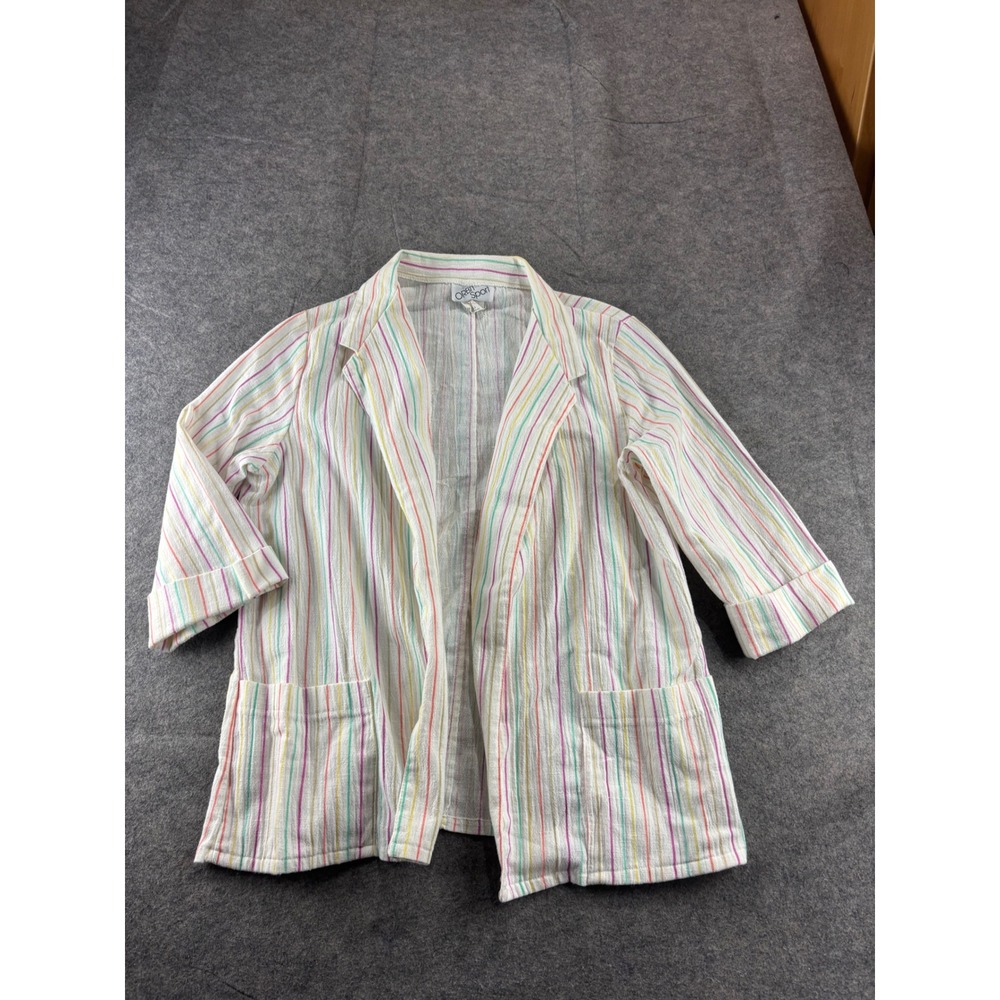 VTG Orbit Sport Pin Striped Open Front Blazer Jacket Pastel Women L Boho Coastal